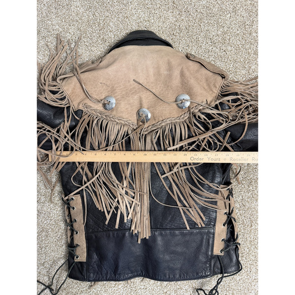 VTG UNIK Jacket Womens Medium Black Tan Leather Fringe Western Motorcycle Chaps - Picture 11 of 16